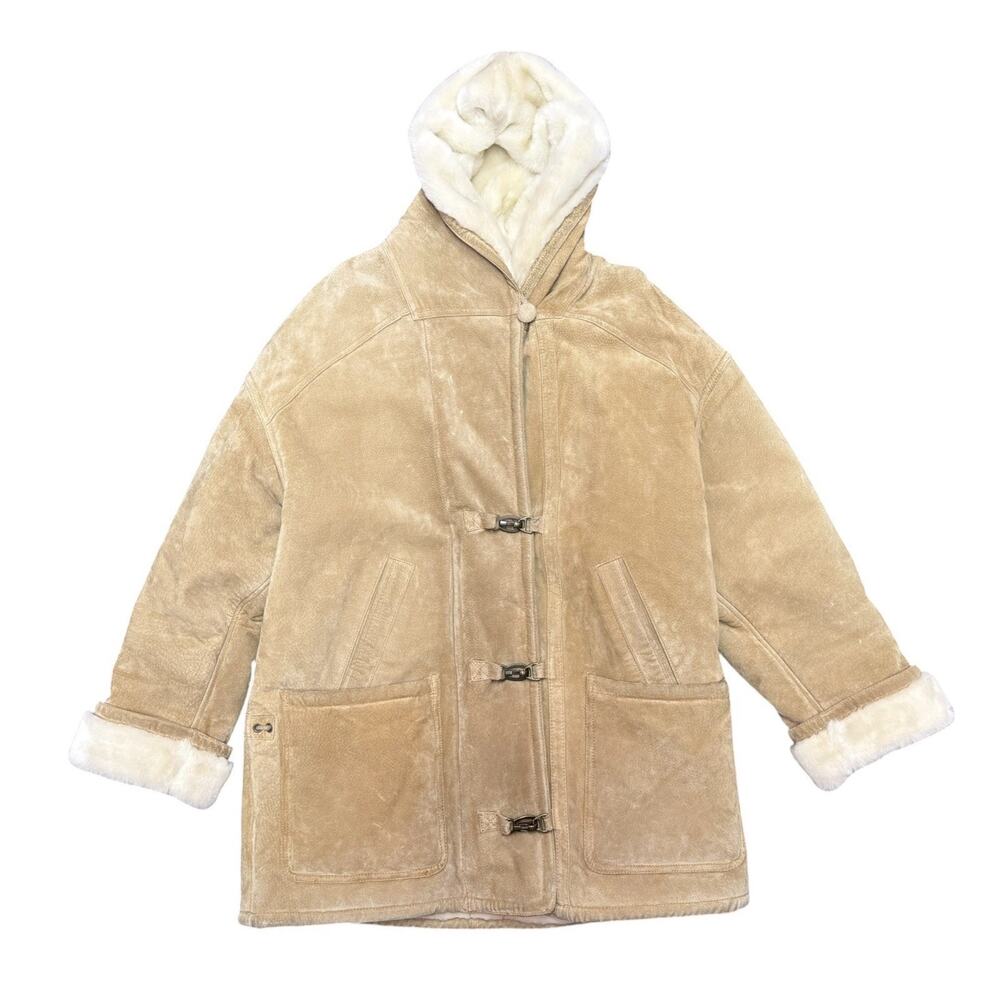 Gallery Beige Shearling Hooded Coat Faux Fur Trim Y2K Winter Jacket - Picture 2 of 10